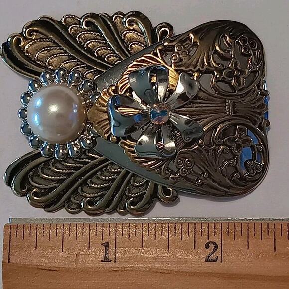 Jane Davis Signed Angel Faux Pearl Rhinestone Brooch Ribbon Mixed Metal - Picture 8 of 12